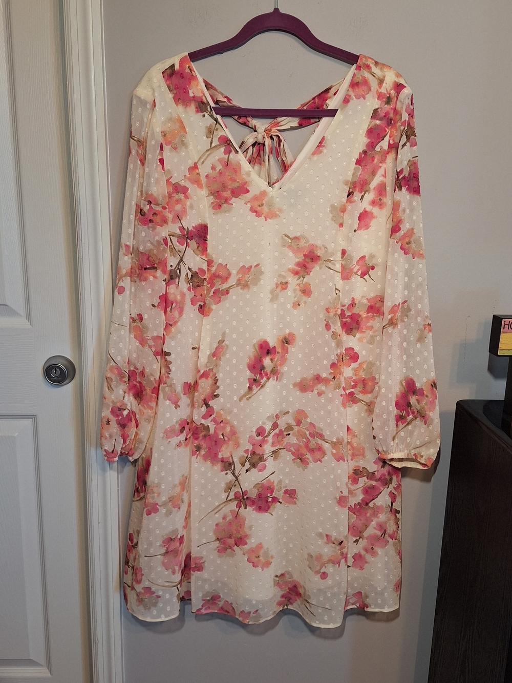 The Limited Cream Sheer Tie Back Dress with Pink Floral Print and V-Neck